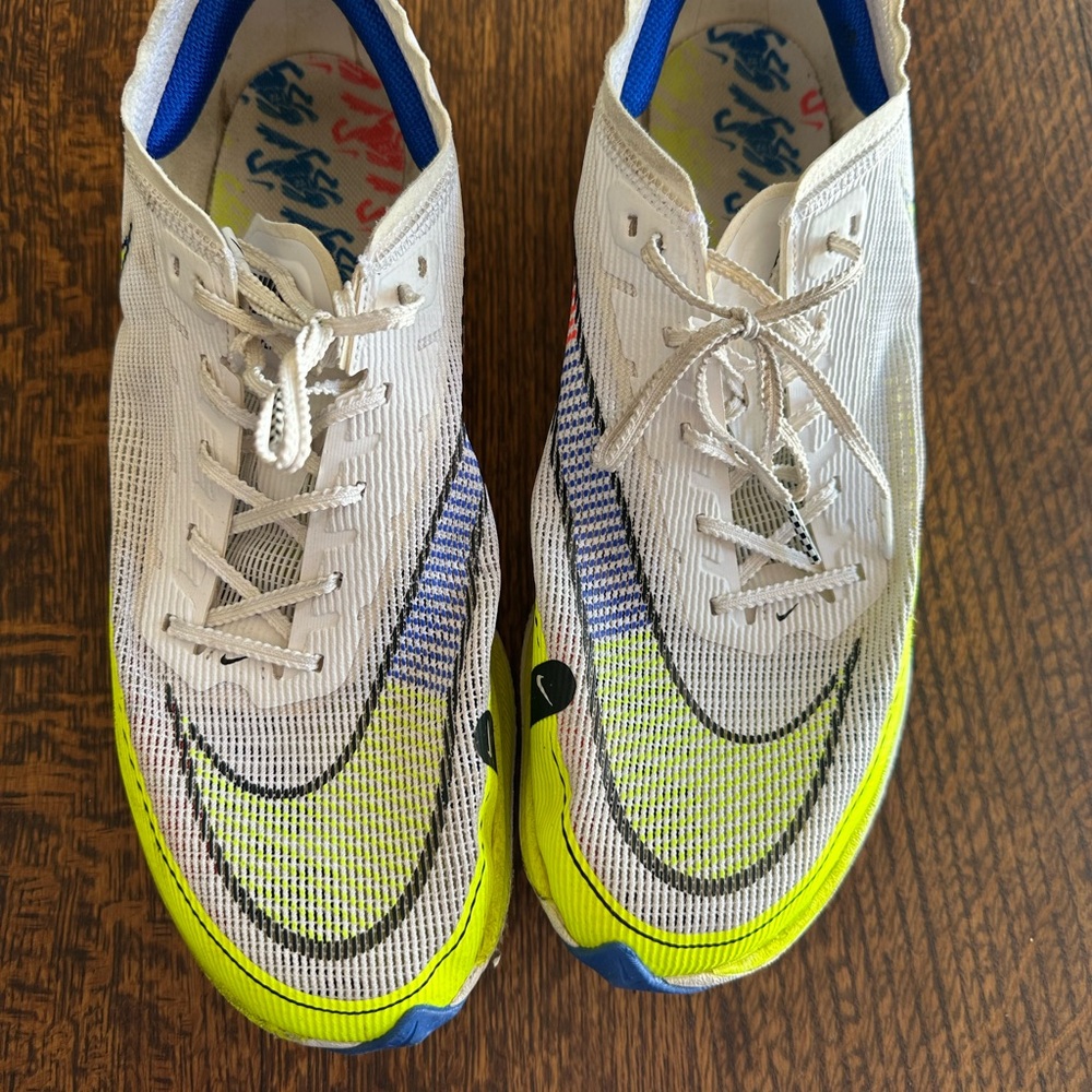 Nike Zoom Vaporfly Next% 2 running shoes in white and blue #running #Vaporfly